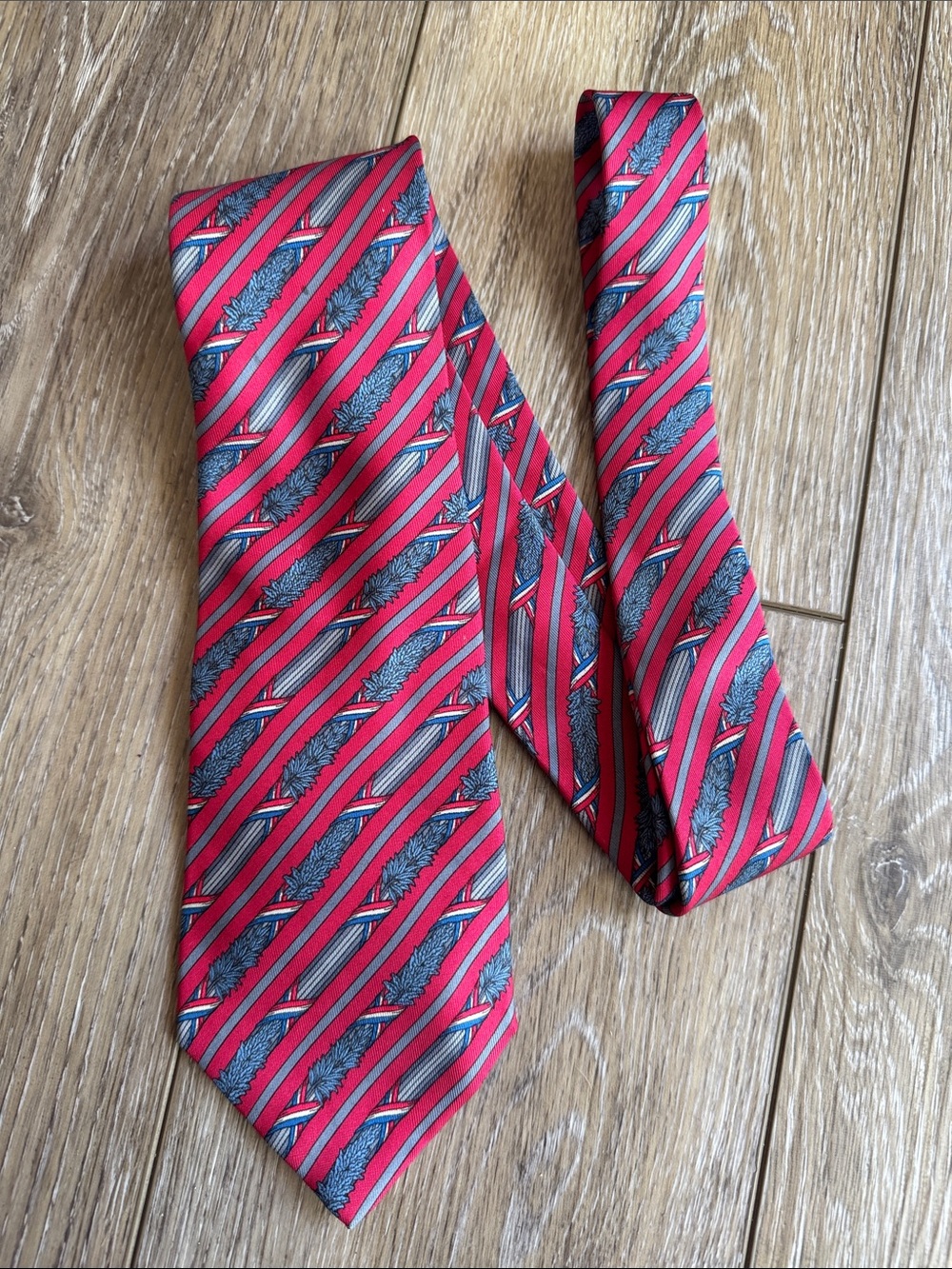 Hermes Red Striped Tie with Blue Leaf Motif